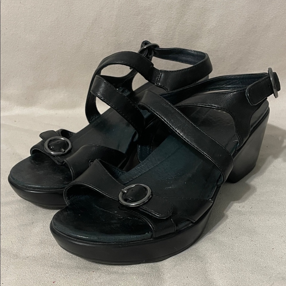 Dansko Black Leather Women's Wedge Sandals